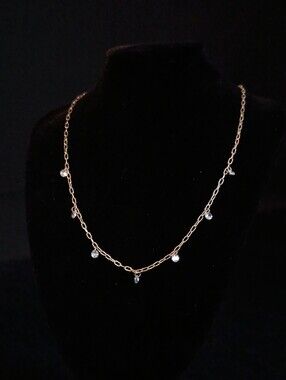 Delicate Silver Tone Chain Necklace with Clear Gem Rhinestone Drops